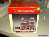 (LR) CERAMIC CHRISTMAS HOUSE; CERAMIC LIGHT UP DEW DROP INN VICTORIAN HOUSE IN ORIGINAL BOX- 5.5 IN