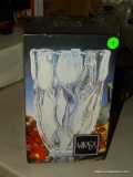 (LR) CRYSTAL VASES; 2 MIKASA NEW IN BOX CRYSTAL VASES- TULIP SATIN AND POPPY FLOWER- BOTH 9.5 IN H