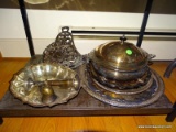 (LR) SILVERPLATE LOT; SILVERPLATE LOT INCLUDES 3 ROUND TRAYS, SHELL SHAPED DISH, CASSEROLE DISH, 2