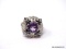 VERY UNIQUE .925 STERLING SILVER RING WITH LARGE CENTER ROUND AMETHYST GEMSTONE SURROUNDED BY ROUND