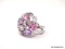 .925 STERLING SILVER MULTI-STONE CLUSTER FLOWER DOME RING, FEATURES STAR CUT PURPLE, PINK & CLEAR