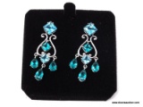 PAIR OF PLATINUM OVER .925 STERLING SILVER PIERCED EARRINGS WITH BLUE CZ GEMSTONES. COMES IN BOX.