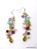 PAIR OF .925 STERLING SILVER DANGLE EARRINGS WITH MULTI-COLORED BEADS & FAUX PEARLS. COMES IN BOX.