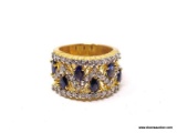 18KT YELLOW GOLD OVER .925 STERLING SILVER RING WITH SIMULATED SAPPHIRES & CLEAR CZ STONES. COMES IN