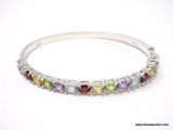 .925 STERLING SILVER MULTI-COLORED STONE CUFF BRACELET WITH DOUBLE CLASP. COMES WITH BOX. MATCHES