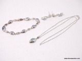 3 PC. SET OF .925 STERLING SILVER & SYNTHETIC LIGHT SAPPHIRE JEWELRY SET TO INCLUDE: NECKLACE, PAIR