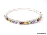 .925 STERLING SILVER MULTI-COLORED STONE CUFF BRACELET WITH DOUBLE CLASP.