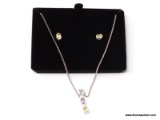 .925 STERLING SILVER PENDANT WITH TRI-COLORED STONES ON .925 STERLING SILVER CHAIN WITH MATCHING