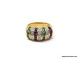 TECHNIBOND 18KT YELLOW GOLD OVER .925 STERLING SILVER RING WITH EMERALD/SAPPHIRE/CZ STONES. RING