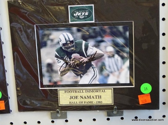 SIGNED NY JETS PHOTOGRAPH; IS OF AND SIGNED BY JOE NAMATH (NFL HALL OF FAMER - 1985). HAS COA ON THE