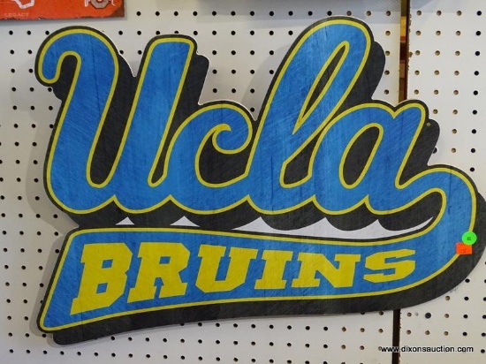 UCLA BRUINS SIGN; IS BLUE, BLACK, AND YELLOW IN COLOR AND MEASURES 22 IN X 18 IN