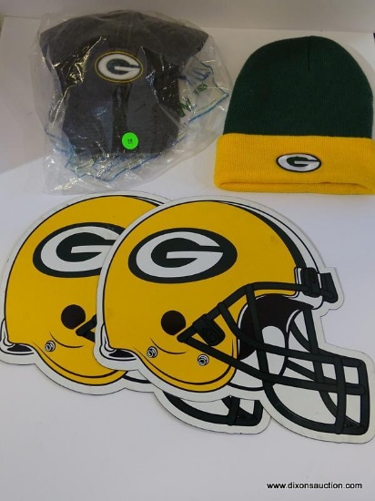 GREEN BAY LOT; INCLUDES 2 GREEN BAY HELMET MAGNETS, A GREEN BAY BALL CAP AND A GREEN BAY BEANIE.