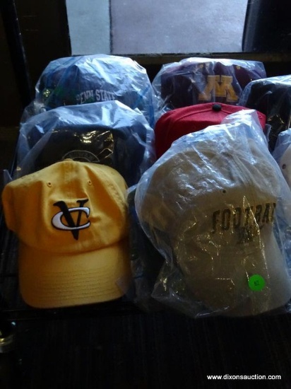 ASSORTED COLLEGE BALL CAPS; INCLUDES CAPS WITH TEAMS SUCH AS PENN STATE, CHOWAN COLLEGE, COLLEGE OF