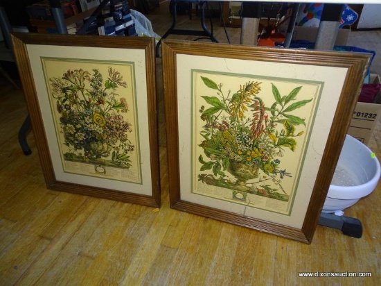 (LR) PAIR OF FLORAL PRINTS; 1 IS "OCTOBER" AND 1 IS "JANUARY". BOTH ARE IN MAHOGANY FRAMES AND