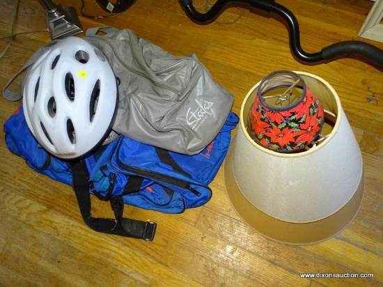 (LR) ASSORTED LOT; INCLUDES AN ADVENT AIR BICYCLE HELMET, 3 LAMP SHADES (1 IS MINIATURE), ETC.