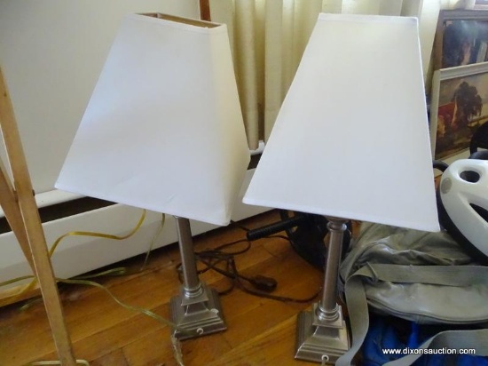 (LR) PAIR OF LAMPS; INCLUDES 2 SQUARE BASE SILVER TONED LAMPS WITH SQUARE SHADES. HAVE NOT BEEN