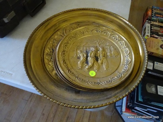 (LR) BRASS LOT; INCLUDES 2 BRASS DECORATIVE CHARGERS AND 4 BRASS DECORATIVE PLATES.