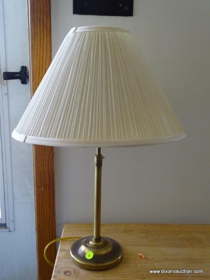 (LR) BRASS LAMP; HAS A ROUND BASE WITH ROUND PLEATED SHADE. HAS NOT BEEN TESTED.