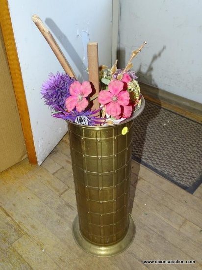 (LR) UMBRELLA HOLDER; BRASS UMBRELLA HOLDER WITH ARTIFICIAL FLOWER CONTENTS. MEASURES 19 IN TALL