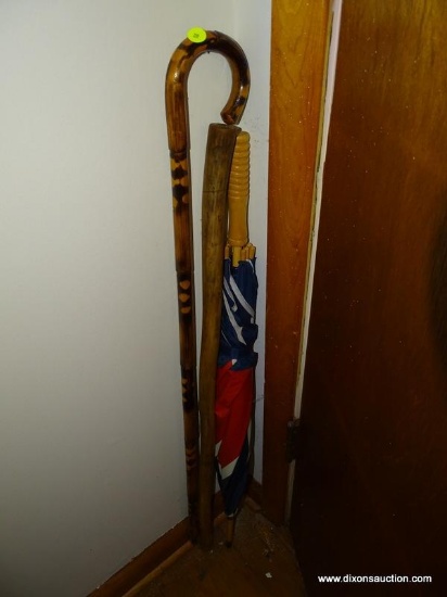 (LR) WALKING LOT; INCLUDES A WALKING CANE AND A SMALL WALKING STICK. ALSO INCLUDES AN UMBRELLA.