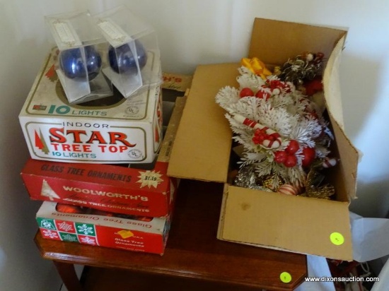 (LR) ASSORTED CHRISTMAS LOT; INCLUDES VINTAGE STAR TREE TOP LIGHTS, A MINIATURE WREATH, ORNAMENTS,