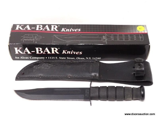 BLACK KA-BAR SERRATED KNIFE. MODEL 02-1212. COMES IN ORIGINAL BOX WITH BLACK SHEATH. TOTAL LENGTH: