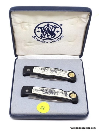 SCRIMSHAW COLLECTION SMITH & WESSON FIRST PRODUCTION RUN "BEAR" AND "BUCK" FOLDING KNIFE SET. COMES