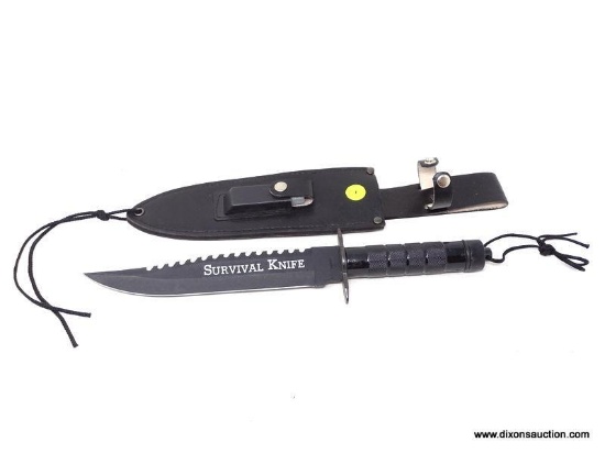 SURVIVOR FIXED BLADE KNIFE BLACK FINISH PLAIN 9" BLADE WITH SAW BACK. BLACK ABS HANDLE. METAL POMMEL