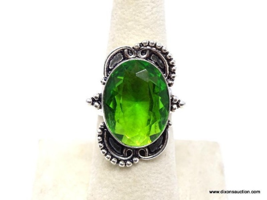 .925 STERLING SILVER AAA QUALITY GORGEOUS LARGE DESIGNER FACETED DETAILED PERIDOT SIZE 7.5 RING.