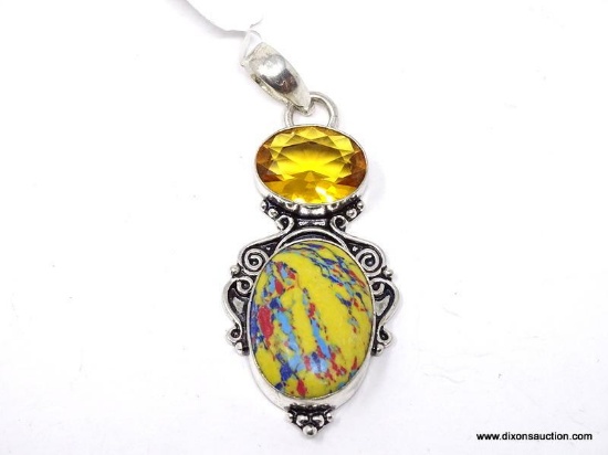 .925 STERLING SILVER 3/4" AAA UNIQUE MOSAIC JASPER WITH GOLDEN CITRINE ACCENT, DETAILED PENDANT.