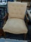 ARM CHAIR; MAHOGANY AND PINK UPHOLSTERED ARM CHAIR WITH BUTTON TUFTED BACK. IS IN USED CONDITION AND