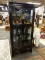 CURIO CABINET; BLACK CURIO WITH BEVELED GLASS PANEL DOORS AND SIDES WITH BRASS ORIENTAL STYLE