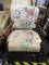 ARM CHAIR; MAHOGANY AND FLORAL UPHOLSTERED ARM CHAIR. IS IN GOOD USED CONDITION AND MEASURES 22 IN X