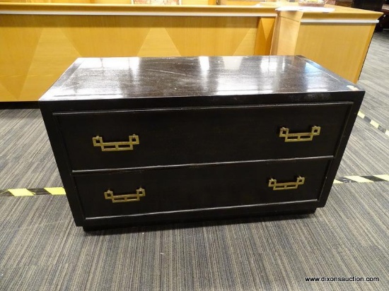 CENTURY FURNITURE 2 DRAWER CHEST; BLACK CHEST WITH BRASS HANDLES AND DOVETAILED DRAWERS. IS IN GOOD