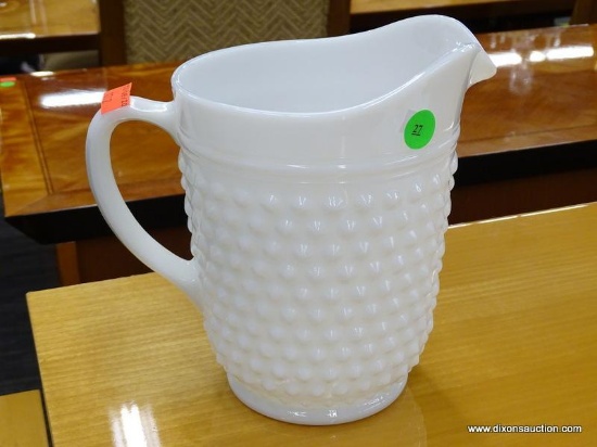 HOBNAIL WATERPITCHER; MILKGLASS HOBNAIL WATER PITCHER IN EXCELLENT CONDITION. MEASURES 9 IN X 8 IN