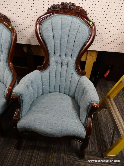 NEWLY REUPHOLSTERED VICTORIAN GENTLEMANS CHAIR; HAS A LIGHT BLUE UPHOLSTERY WITH MAHOGANY BONES. HAS