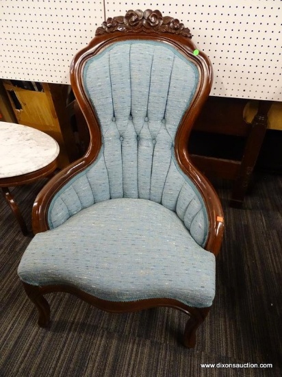 NEWLY REUPHOLSTERED VICTORIAN LADIES CHAIR; HAS A LIGHT BLUE UPHOLSTERY WITH MAHOGANY BONES. HAS A