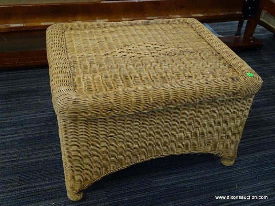 WICKER WOVEN STOOL; HAS A DIAMOND PATTERN CENTER AND IS IN VERY GOOD CONDITION. MEASURES 24 IN X 20