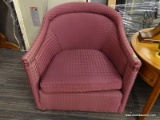 ARM CHAIR; PURPLE CHECKER PATTERN UPHOLSTERED ARM CHAIR IN EXCELLENT CONDITION. MEASURES 27 IN X 30