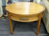 WIDDICOMB END TABLE; ROUND SINGLE DRAWER END TABLE WITH ORIGINAL WIDDICOMB, GRAND RAPIDS, MI LABEL