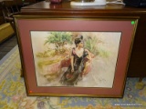 FRAMED PRINT OF AN ART DECO WOMAN; SHOWS A 1920'S WOMAN SITTING IN A RED CHAIR WITH A BLACK DRESS