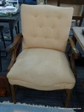 ARM CHAIR; MAHOGANY AND PINK UPHOLSTERED ARM CHAIR WITH BUTTON TUFTED BACK. IS IN USED CONDITION AND