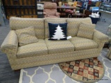 3 CUSHION SLEEPER SOFA; HAS FLAMESTITCHED UPHOLSTERY AND IS IN EXCELLENT CONDITION. INCLUDES 2