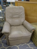 LEATHER RECLINER; LA-Z-BOY LEATHER RECLINER IN GOOD USED CONDITION. IS GRAY IN COLOR AND MEASURES 33