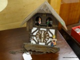 CUCKOO CLOCK; VINTAGE WOODEN CUCKOO CLOCK IN BROWN AND WHITE. IS MISSING THE WEIGHTS AND PENDULUM AS