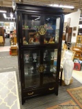 CURIO CABINET; BLACK CURIO WITH BEVELED GLASS PANEL DOORS AND SIDES WITH BRASS ORIENTAL STYLE