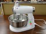 GE MIXER; GENERAL ELECTRIC WHITE AND CHROME COLORED MIXER COMPLETE WITH BOWL AND MIXING ATTACHMENTS.