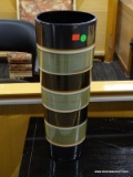 VASE; GREEN AND BLACK STRIPED VASE. IS IN EXCELLENT CONDITION AND MEASURES 7 IN X 19 IN