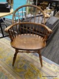 WINDSOR ARM CHAIR; MAHOGANY WINDSOR ARM CHAIR WITH ARROW BACK AND PLANK BOTTOM SEAT AS WELL AS