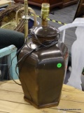 LAMP; BRONZE TONED LAMP IN EXCELLENT CONDITION. JUST NEEDS A SHADE AND BULB! MEASURES 19 IN TALL